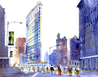 Flatiron Building Watercolor Painting, NYC Fifth Avenue Art Print