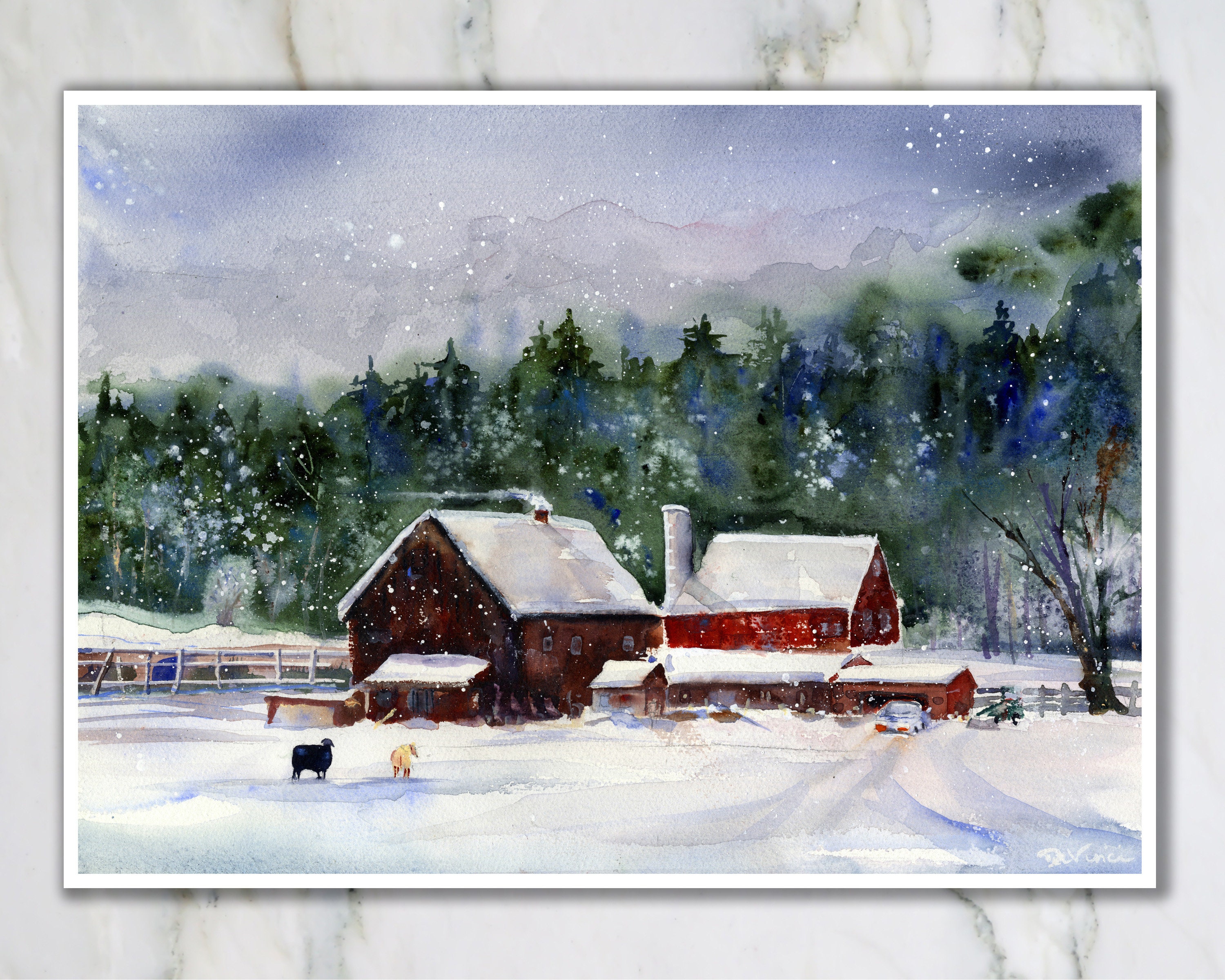 Vermont Winter Landscape Watercolor Print, Snowy Red Barn Art - Etsy