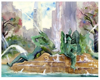 Swann Fountain Philadelphia Watercolor Print Philly Wall Art Watercolor Cityscapes Philly Art Prints Clem DaVinci Paintings of Philly