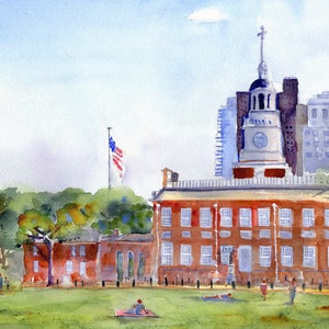 May include: A watercolor painting of Independence Hall in Philadelphia, Pennsylvania. The building is red brick with white trim and a tall clock tower. The American flag is flying in the background. There are trees and people in the foreground.