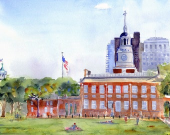 Philadelphia Independence Hall Watercolor Art Print, Clem DaVinci