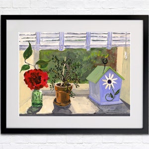 Bird House with Flowers Still Life, Abstract Art Print, Clem DaVinci Watercolors image 2