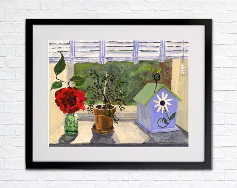 Bird House with Flowers Still Life, Abstract Art Print, Clem DaVinci Watercolors image 2