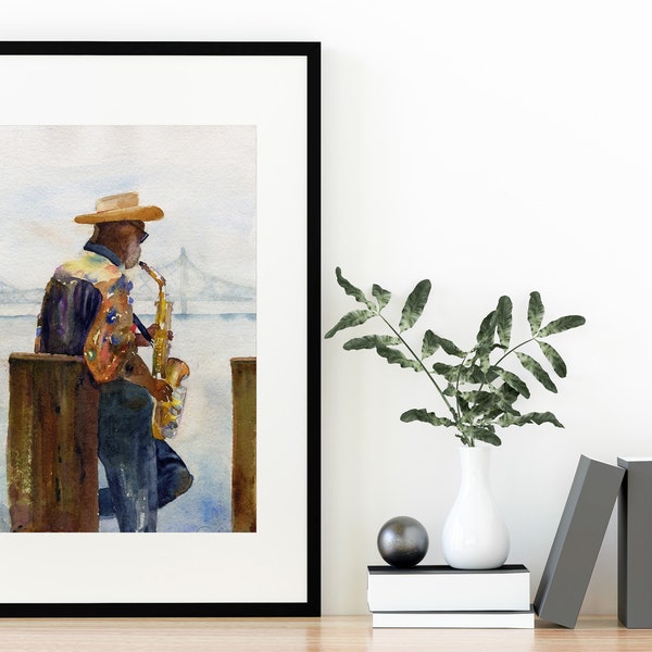 French Quarter Street Musician, Watercolor Musician, Saxophone Player Poster, Sax Musician Wall Art, Portrait watercolor, New Orleans