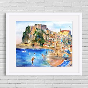 italy print wall art CALABRIA Italy Painting Scilla Beach Italian Beaches Watercolor Landscape Castello Ruffo Wall Art Italy Home Decor Gift print 8x10 inches