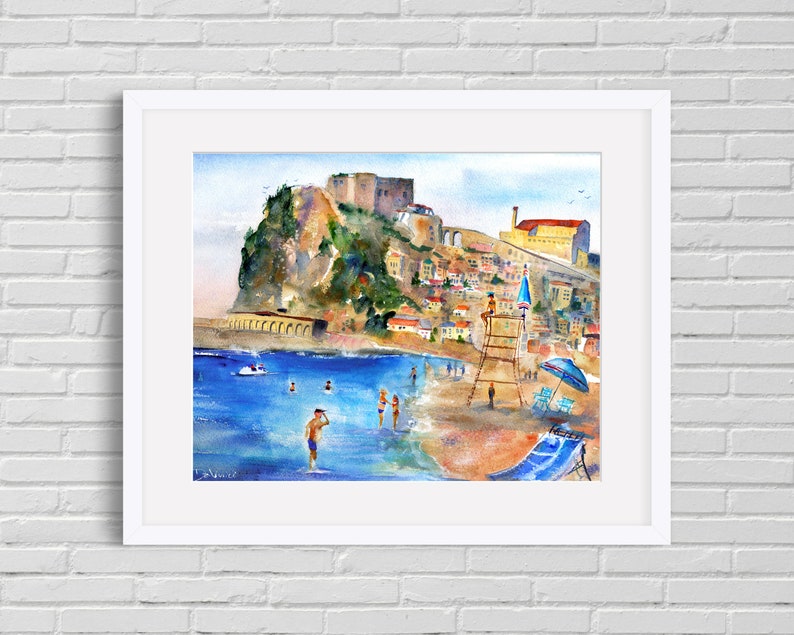 italy print wall art CALABRIA Italy Painting Scilla Beach Italian Beaches Watercolor Landscape Castello Ruffo Wall Art Italy Home Decor Gift print 8x10 inches