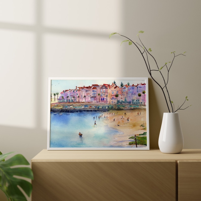 Portugal Wall Art Painting, Cascais Portugal Watercolor Landscape, Abstract Colorful Beach Watercolor, Gifts for mom 12x16 inches