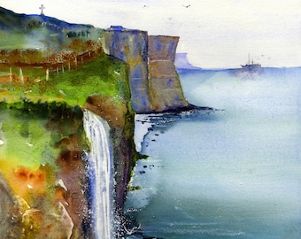 Pintura de acuarela de Kilt Rock, Escocia, arte mural de la isla de Skye