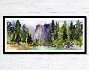 Yosemite Watercolor Print - Landscape Watercolor - Cathedral Rocks - Yosemite National Park, California California paintings - Clem DaVinci