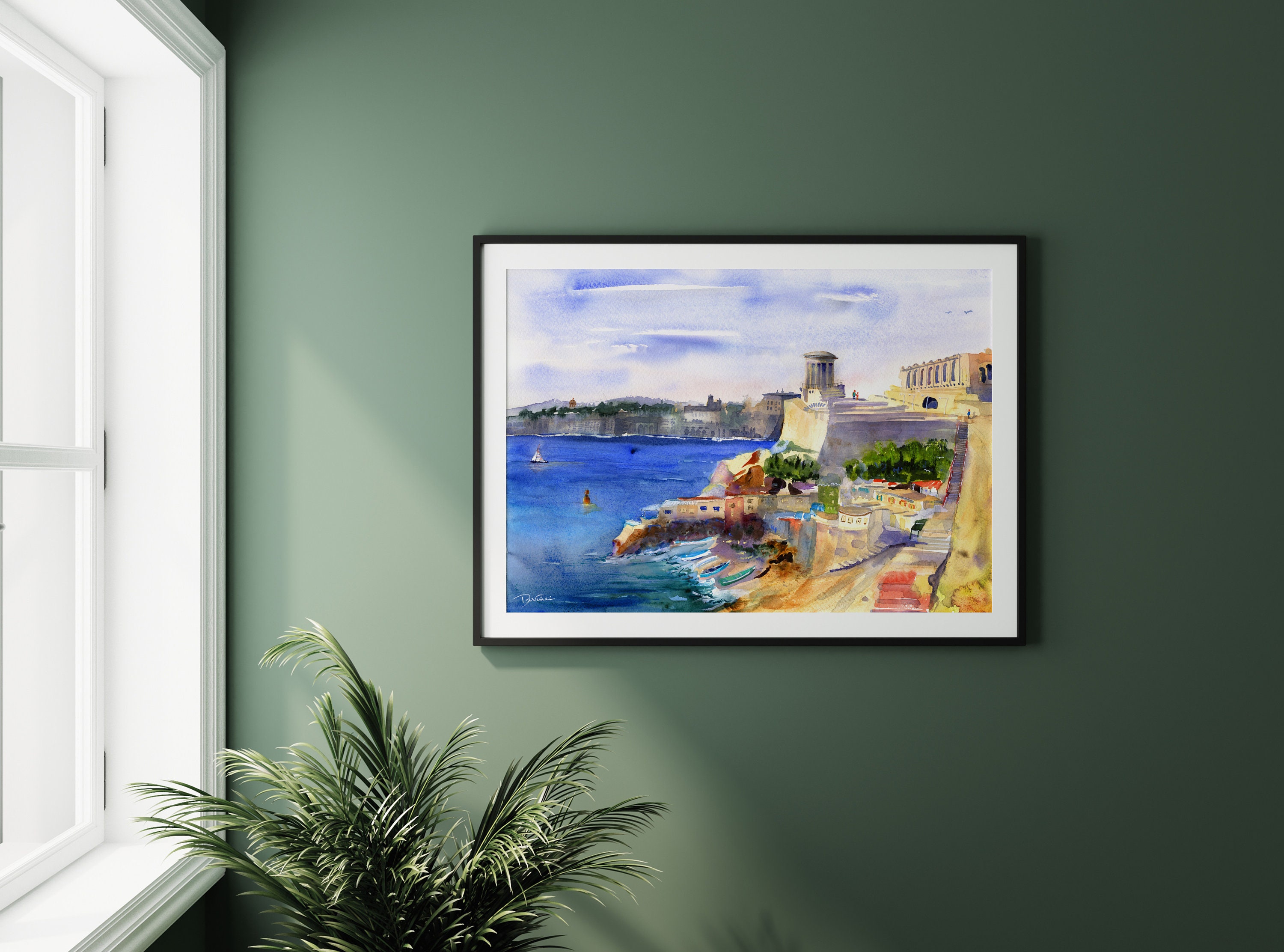 水彩画　風景画BAKERY VITTORIOSA MALTA 【額縁付き】 水彩画 風景画BAKERY VITTORIOSA MALTA 【額縁付き】 国内発送