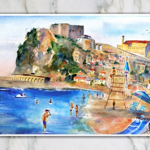 italy print wall art CALABRIA Italy Painting Scilla Beach Italian Beaches Watercolor Landscape Castello Ruffo Wall Art Italy Home Decor Gift OrigWatercolor 12x16 inches