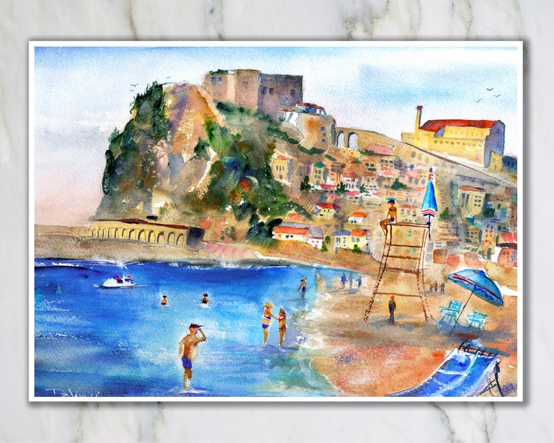 italy print wall art CALABRIA Italy Painting Scilla Beach Italian Beaches Watercolor Landscape Castello Ruffo Wall Art Italy Home Decor Gift OrigWatercolor 12x16 inches