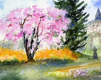 Cherry Trees - Morris Arboretum - Philadelphia Art Prints - Clem DaVinci Watercolors - Forsythia blooming