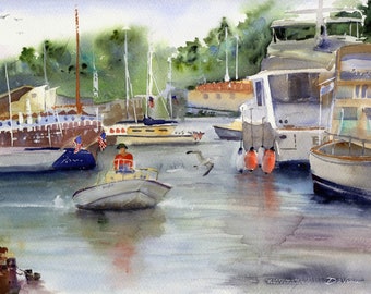May include: A watercolor painting of a harbor scene with boats docked and a small motorboat speeding away from the dock. The motorboat is white with a red and white striped awning. The harbor is filled with sailboats and motorboats, some with flags flying. The water is a light blue with whitecaps.