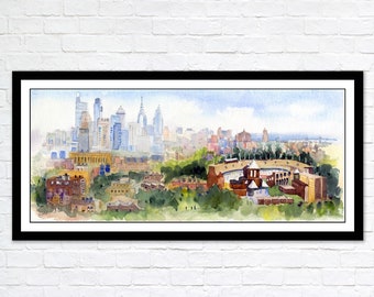 Op de afbeelding: Een aquarel schilderij van de skyline van Philadelphia met een stadion op de voorgrond. De stad is geschilderd in tinten blauw en grijs, terwijl het stadion is geschilderd in tinten rood en bruin. Het schilderij is geplaatst tegen een blauwe lucht met witte wolken.