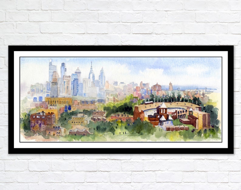 Philadelphia Skyline Wall Art, Philly Skyline Watercolor, Philadelphia Abstract Paintings, Franklin Field Clem DaVinci Watercolors image 1