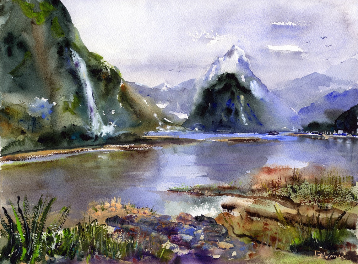 Milford Sound New Zealand Watercolor Print Mitre Peak New Etsy