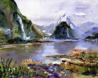 Milford Sound, New Zealand Watercolor Print, Mitre Peak, New Zealand Wall Art, Clem DaVinci Watercolors, Fiordland National Park