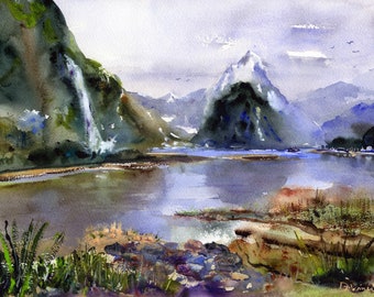Mitre Peak Watercolor Print, Milford Sound, New Zealand Wall Art