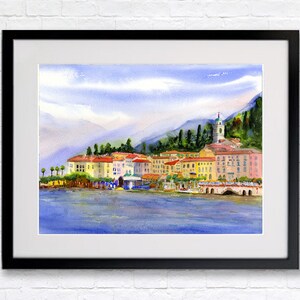 Bellagio Lake Como Italy Watercolor Landscape Italian Lake Prints of Bellagio on Lake Como Italy Wall Decor Italy Watercolor prints 12x16w/Mat&Frm_16x20 inches