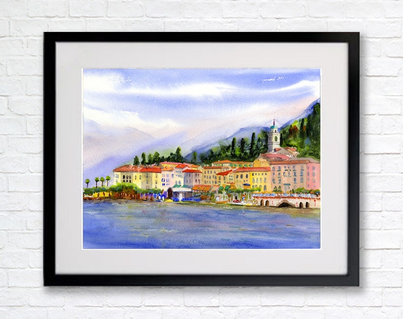 Bellagio Lake Como Italy Watercolor Landscape Italian Lake Prints of Bellagio on Lake Como Italy Wall Decor Italy Watercolor prints 12x16w/Mat&Frm_16x20 inches