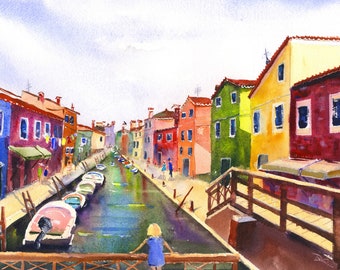 Venice Watercolor, Colorful Houses Of Venice, Burano Island, Northern Venice, Italian Wall Decor, Prints of Italy, Italian Vacation Gift