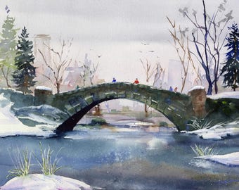 Central Park Gapstow Bridge Watercolor Painting, NYC Winter Scene