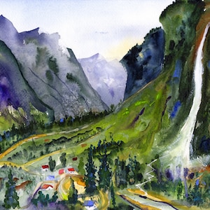 Switzerland Watercolor Painting Lauterbrunnen Waterfalls of Staubbach Waterfall Swiss Landscape falls of switzerland print