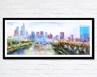 Philadelphia Skyline Watercolor, Wall Art Prints, City Home Decor, Abstract Painting, Spring Garden Street, Skyscraper Landscape,