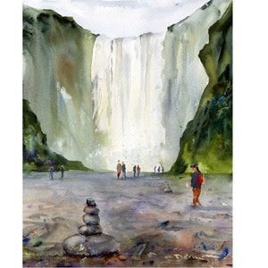 ICELAND Landscape, Waterfalls, Icelandic Wall Art, Skógafoss, Clem DaVinci Watercolors,