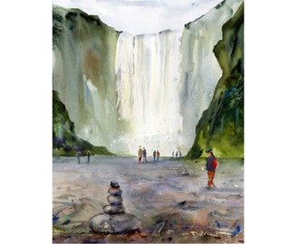 ICELAND Landscape, Waterfalls, Icelandic Wall Art, Skógafoss, Clem DaVinci Watercolors,