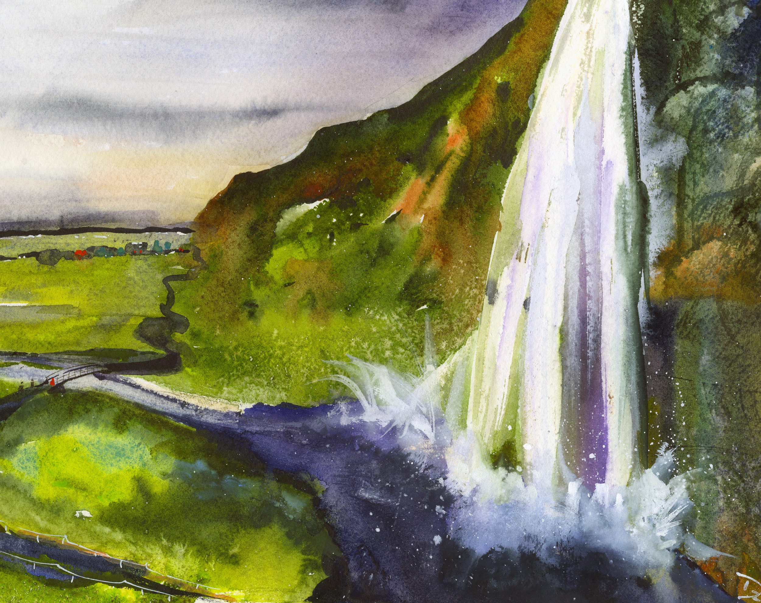 アイスランドの滝の水彩画アートプリント、セリャランズフォスの風景