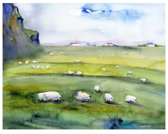 ICELAND - South Shore - Golden Circle - Watercolor  Prints - Sheep Wall Art - Sheep of Iceland - Clem DaVinci Watercolors