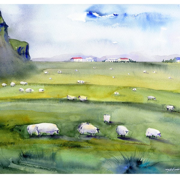 ICELAND - South Shore - Golden Circle - Watercolor  Prints - Sheep Wall Art - Sheep of Iceland - Clem DaVinci Watercolors