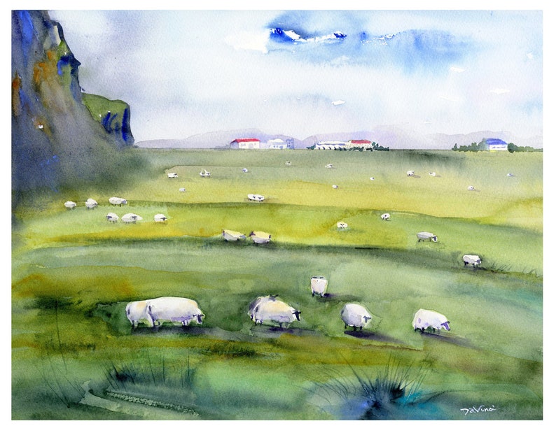 ICELAND South Shore Golden Circle Watercolor Prints Sheep Wall Art Sheep of Iceland Clem DaVinci Watercolors image 1