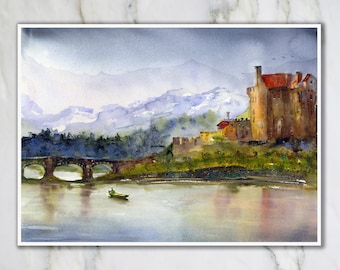 Pintura de acuarela del castillo de Eilean Donan, impresiones de arte de pared escocesas