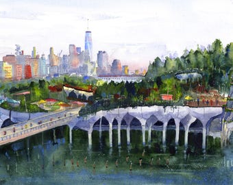Estampa en acuarela de la ciudad de Nueva York, Little Island