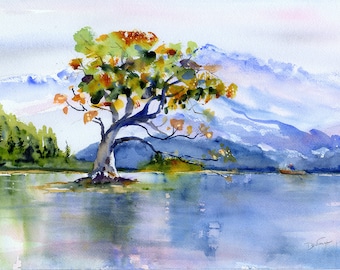 Wanaka Tree Watercolor Painting, New Zealand Lake Print