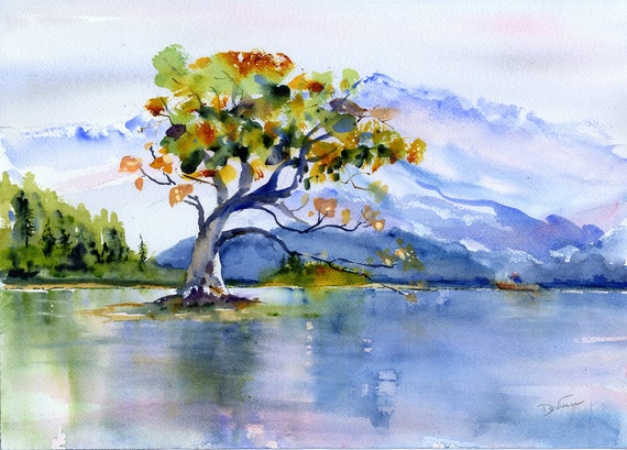 Wanaka Tree Watercolor Painting, New Zealand Lake Print
