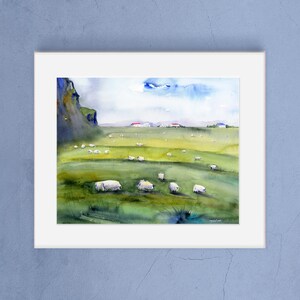 ICELAND South Shore Golden Circle Watercolor Prints Sheep Wall Art Sheep of Iceland Clem DaVinci Watercolors 8x10w/WhtMat_11x14 inches