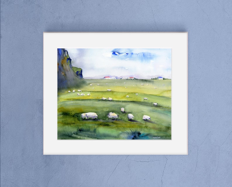 ICELAND South Shore Golden Circle Watercolor Prints Sheep Wall Art Sheep of Iceland Clem DaVinci Watercolors 8x10w/WhtMat_11x14 inches