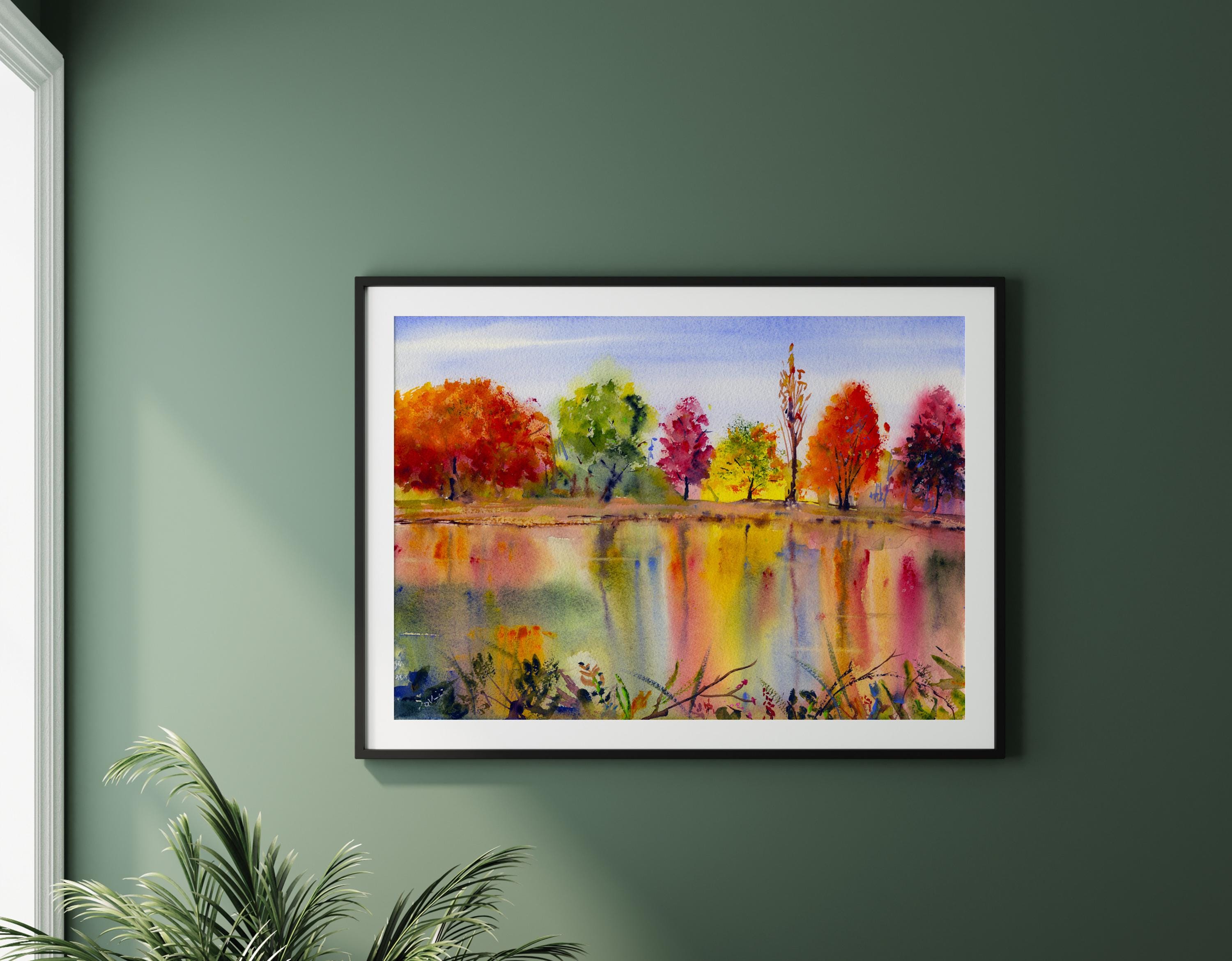 秋の水彩風景画 色鮮やかな紅葉の絵画 秋の壁アート - Etsy 日本