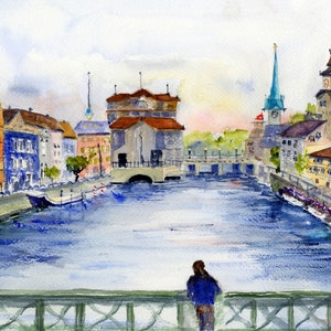 Zurich Switzerland - Watercolor Landscape  - The Limmat River Zurich - Clem DaVinci Watercolor print