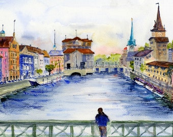 Zurich Switzerland - Watercolor Landscape  - The Limmat River Zurich - Clem DaVinci Watercolor print