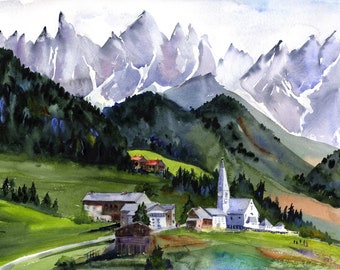 Italienische Alpen Aquarell Druck, Santa Maddalena, St. Magdalena Dorf und Kirche, Italienische Dolomiten Wandkunst, Italien Abstraktes Wanddekor,