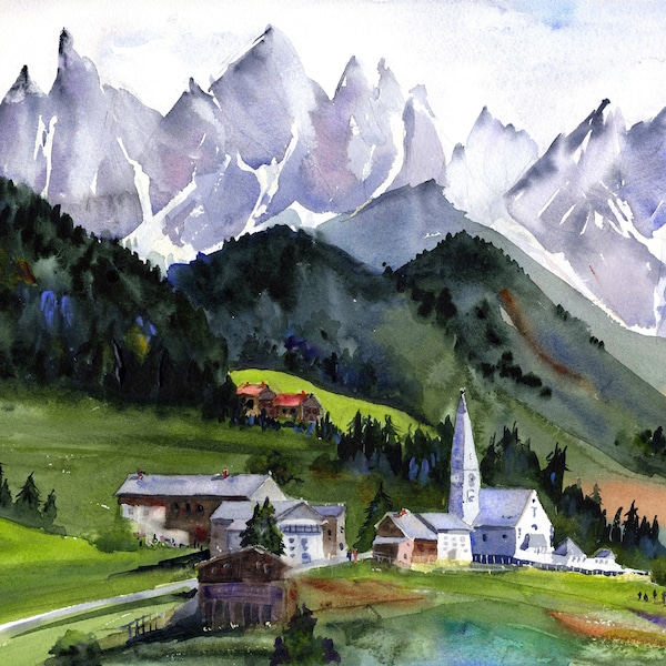 Italian Alps Watercolor Print, Santa Maddalena, St. Magdalena village and church, Italian Dolomites Wall Art, Italy Abstract Wall Decor,