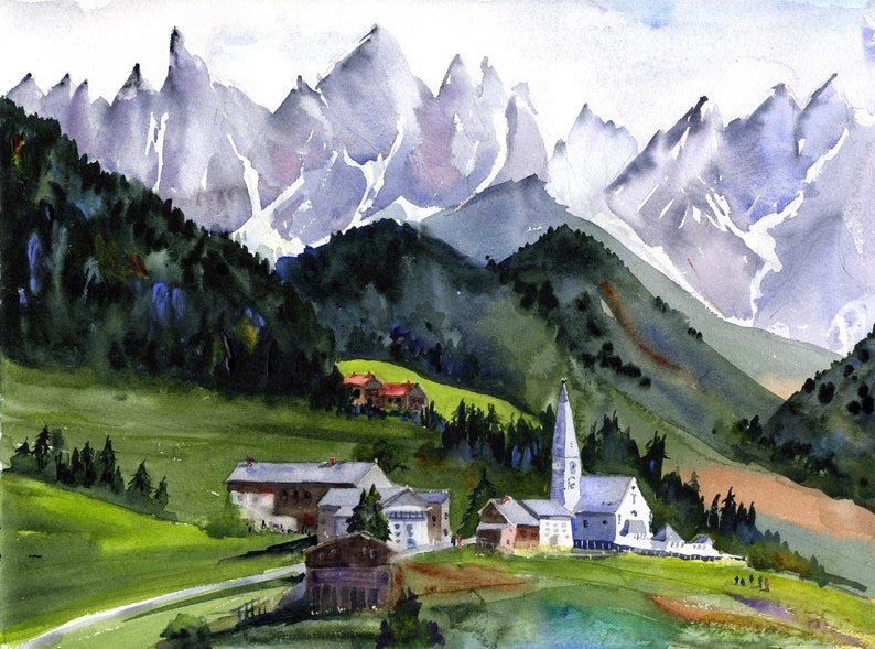 Italian Alps Watercolor Print, Santa Maddalena, St. Magdalena village and church, Italian Dolomites Wall Art, Italy Abstract Wall Decor, image 1