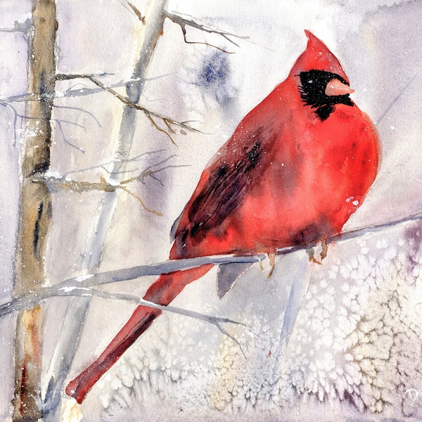 Winter Cardinal Watercolor Print: "Braving the Winter" on Arches Paper