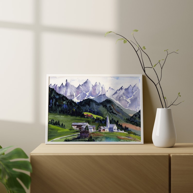 Italian Alps Watercolor Print, Santa Maddalena, St. Magdalena village and church, Italian Dolomites Wall Art, Italy Abstract Wall Decor, image 3