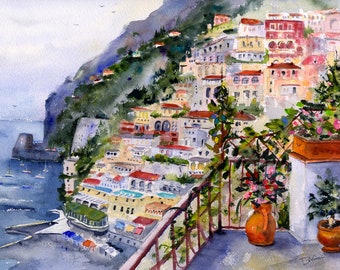 Positano Italy, Amalfi Coast, Watercolor, Italian Wall Art, Italy print, Italy, Positano Wall Art,  Clem DaVinci Watercolors, gifts